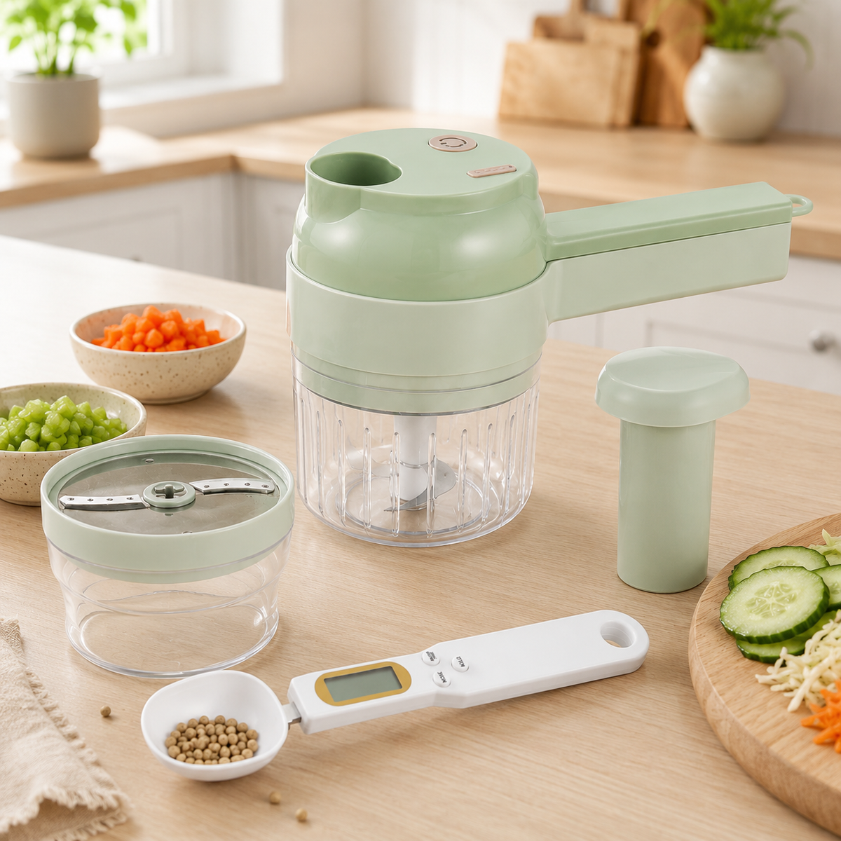 Kitchen Prep Set with electric vegetable cutter and digital measuring spoon