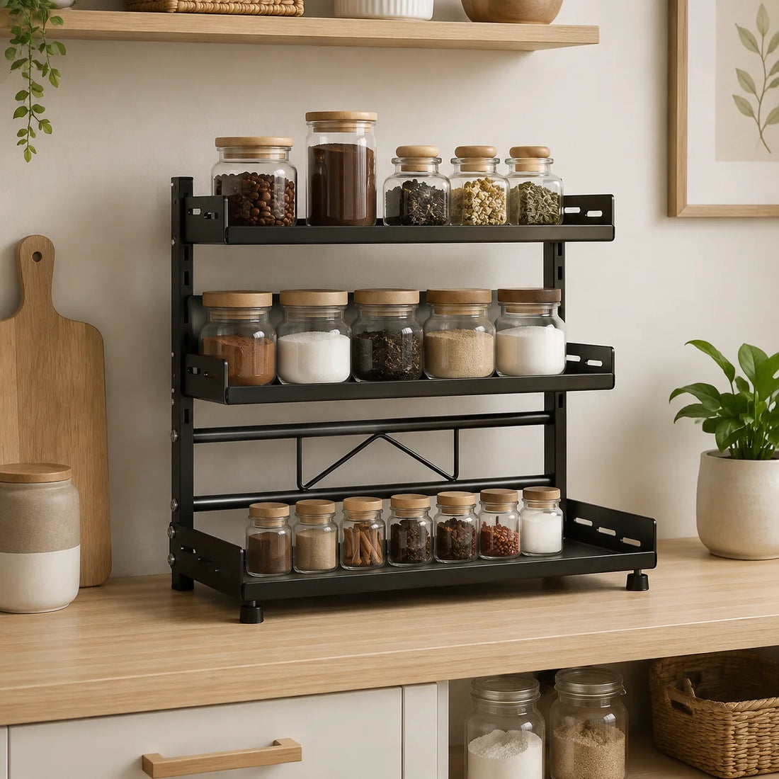 Black adjustable 2-3 tier carbon-steel spice storage rack