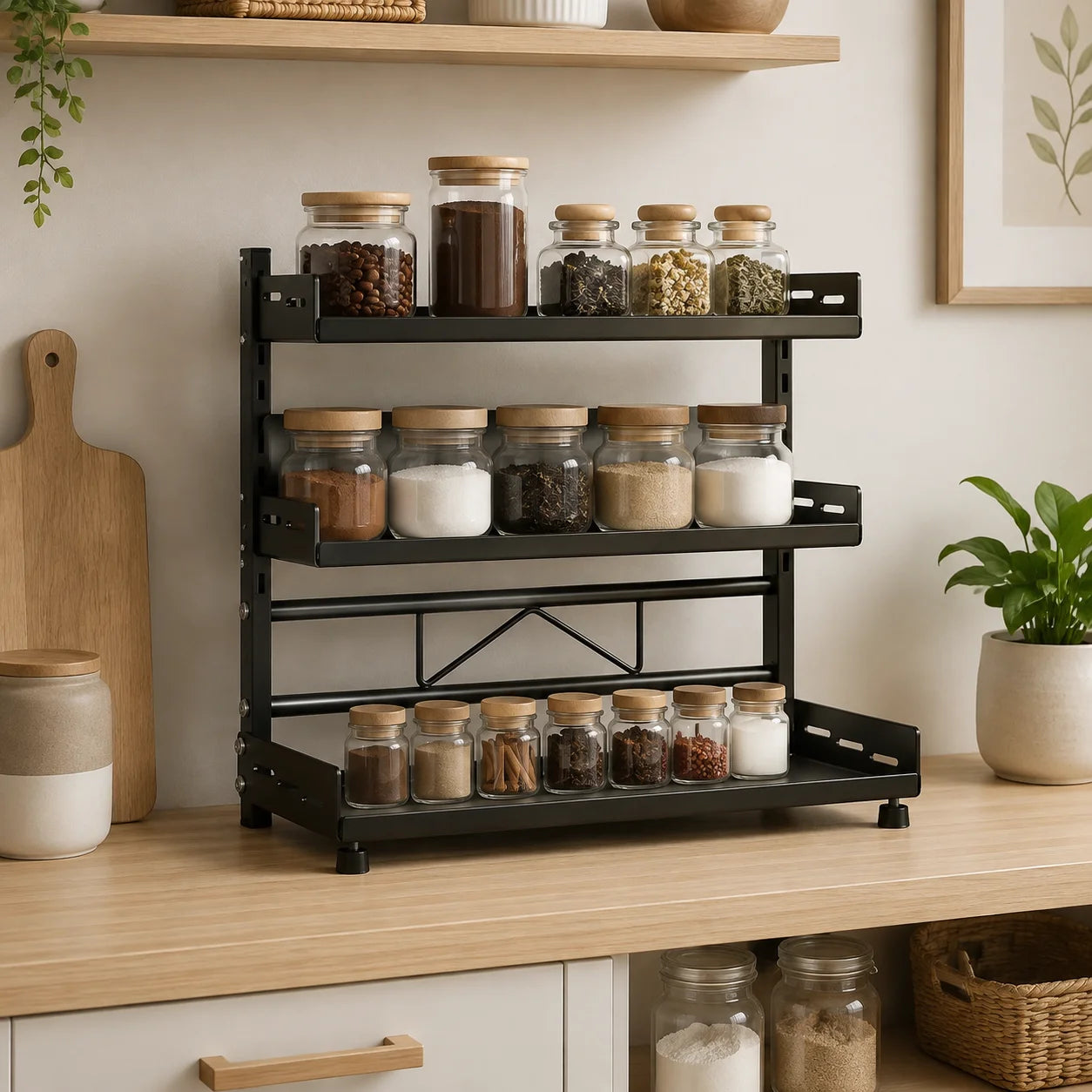 Black adjustable 2-3 tier carbon-steel spice storage rack