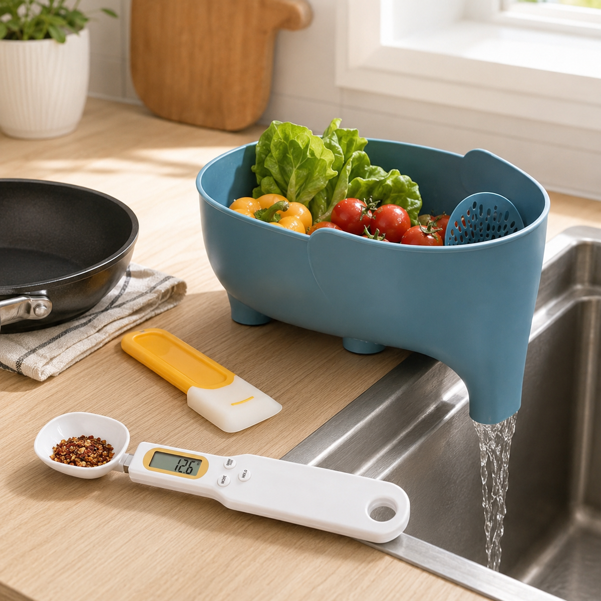 Kitchen Essentials Set with sink strainer bowl, measuring spoon and silicone scraper
