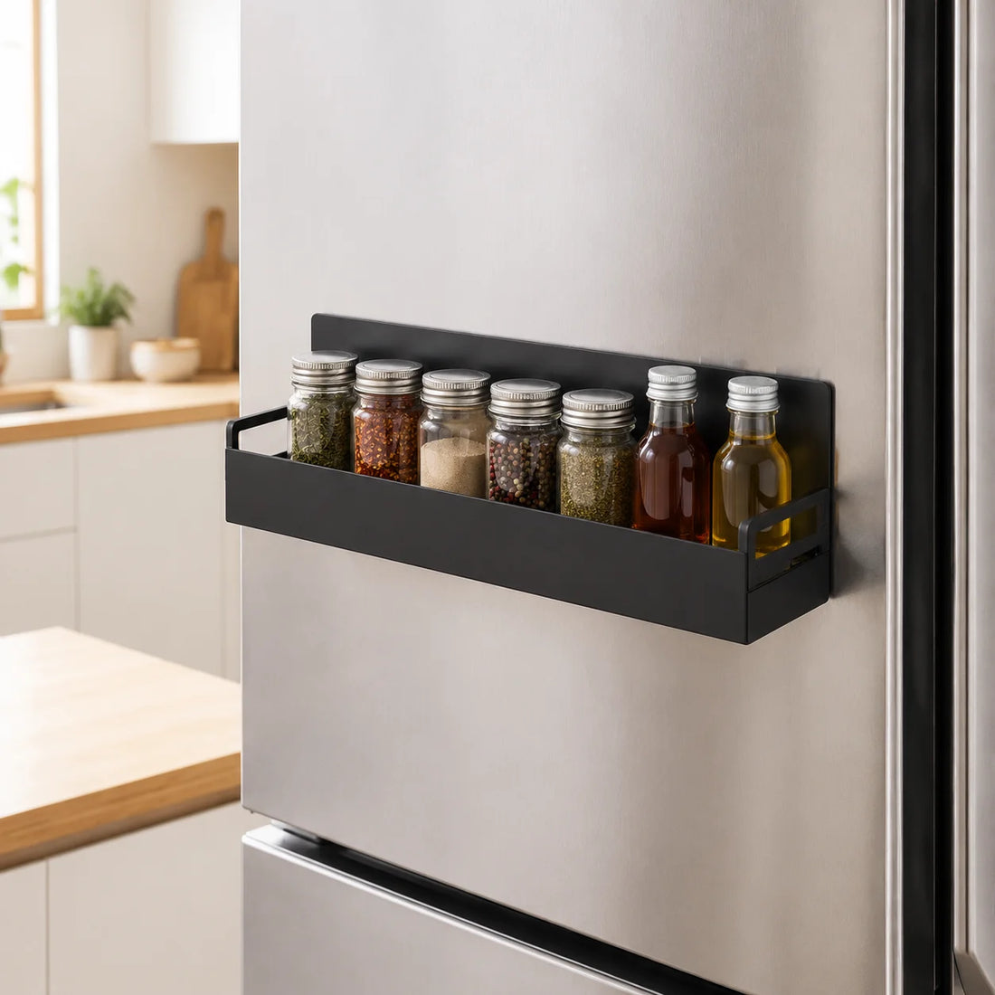 Magnetic fridge side shelf holding spice jars and condiments