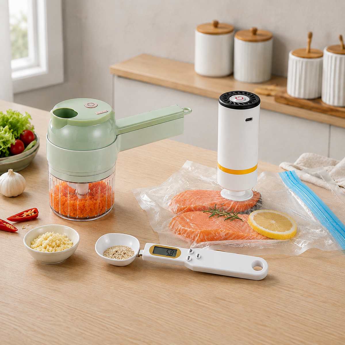 Meal Prep Kit bundle with electric chopper, digital measuring spoon and vacuum sealer
