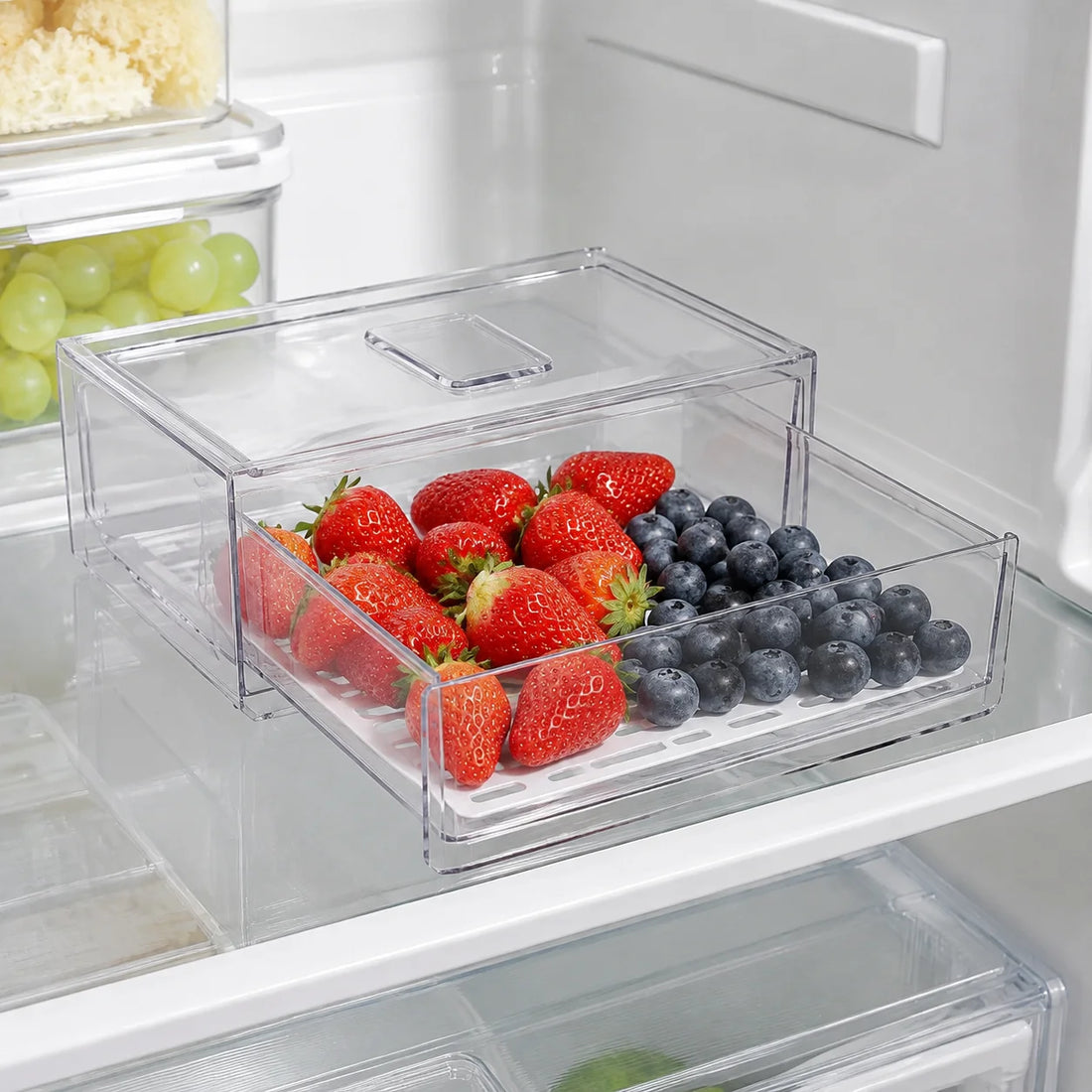 Refrigerator drawer-style storage box for eggs, meat and produce