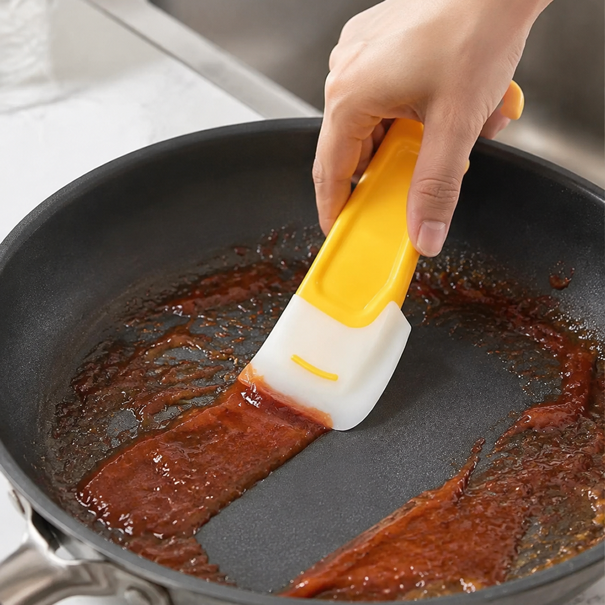 Yellow silicone kitchen cleaning scraper for pans and dishes